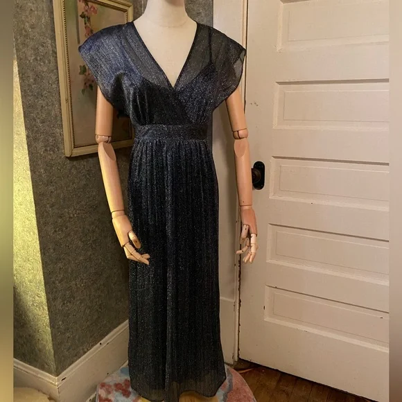 Moulinette Souers Anthropologie metallic shimmer evening dress blue black sz 0 - Picture 2 of 11
